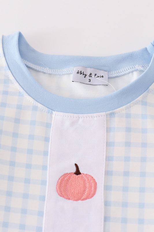 Blue pumpkin embroidery plaid boy set