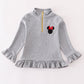 Grey character embroidery zip girl pullover