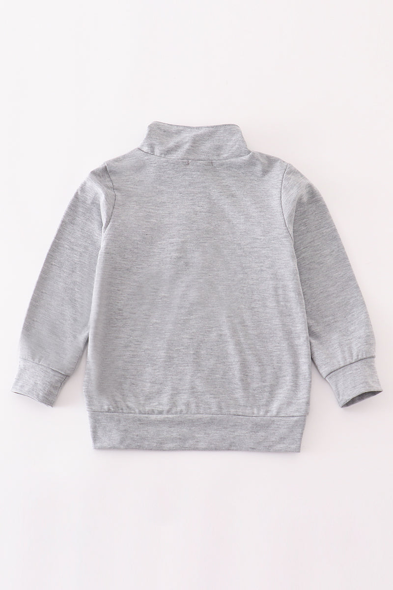 Grey character embroidery zip boy pullover