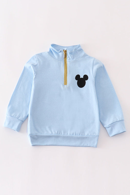 Blue character embroidery zip boy pullover