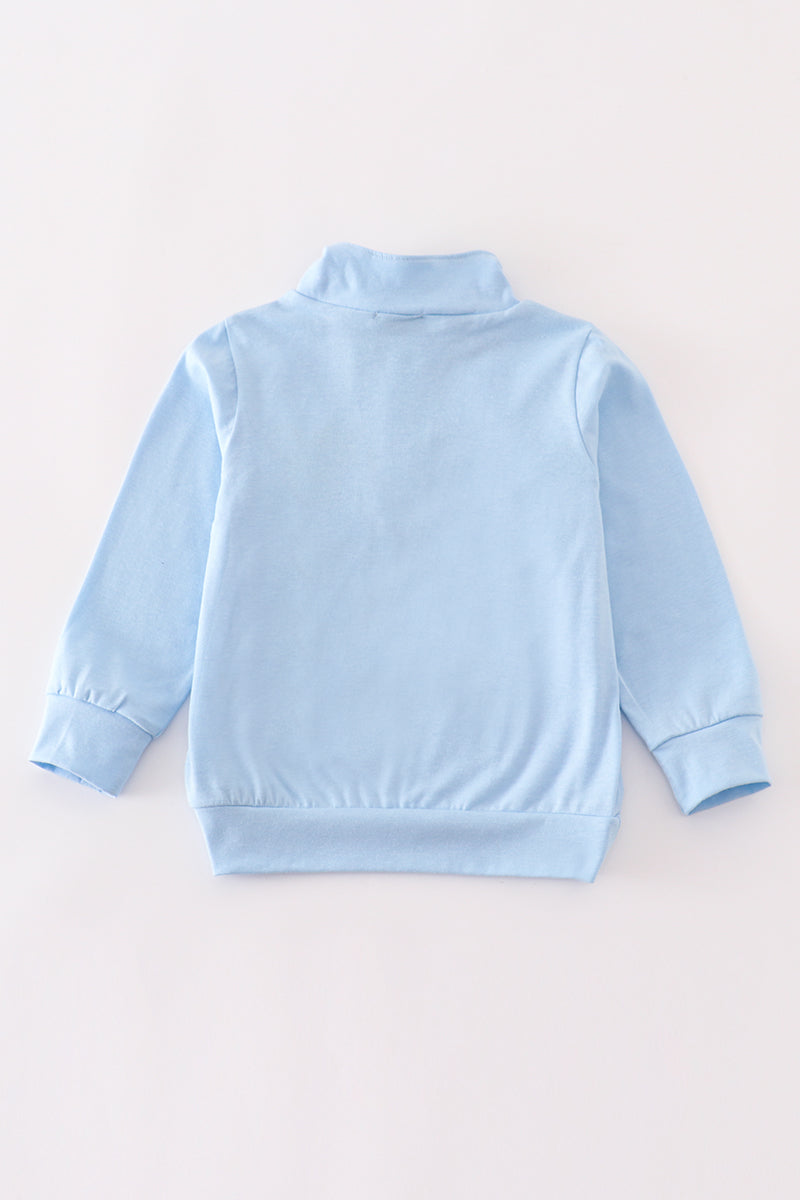 Blue character embroidery zip boy pullover