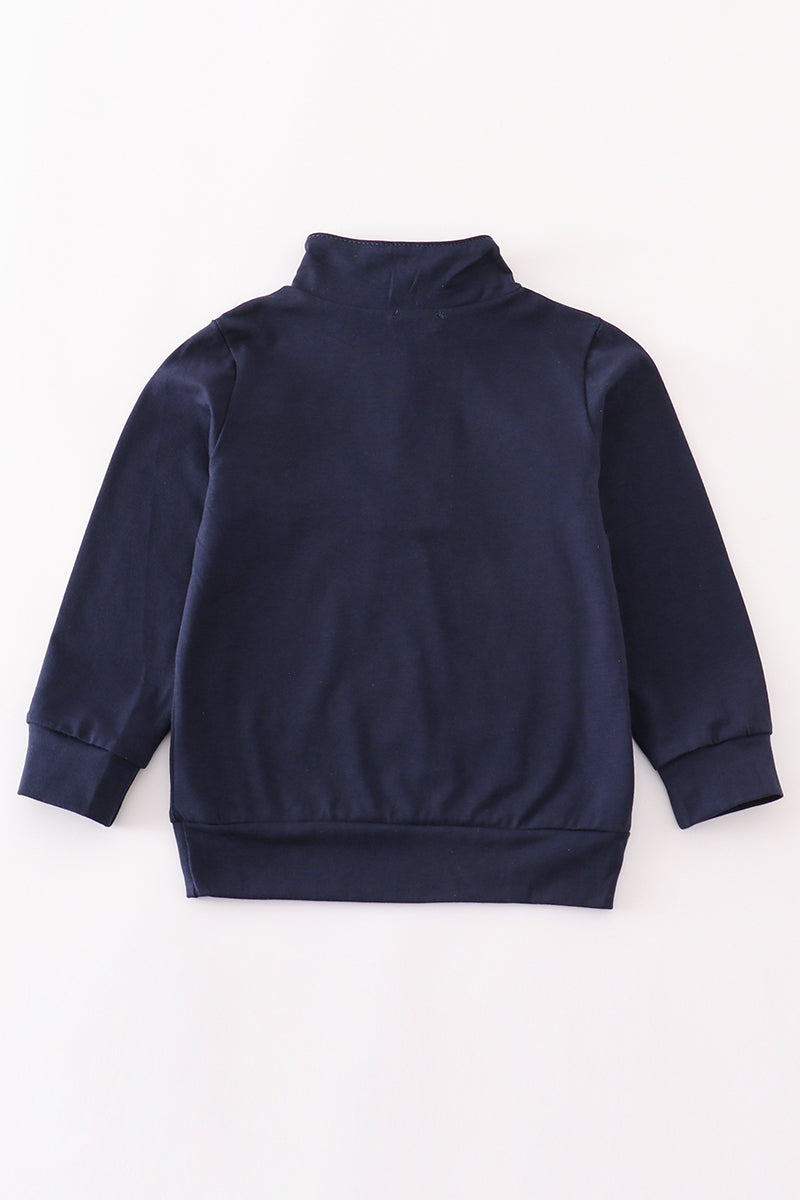 Navy character embroidery zip boy pullover