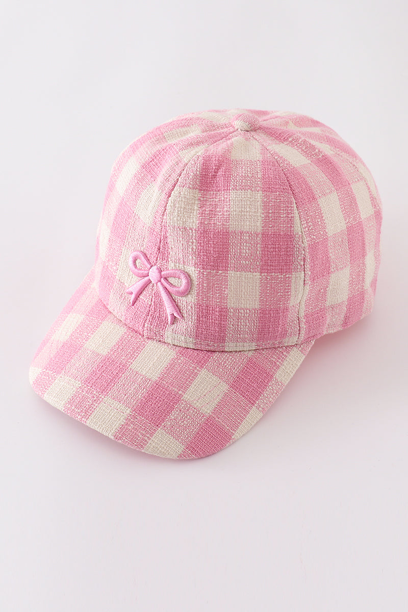 Pink plaid bow embroidery baseball cap