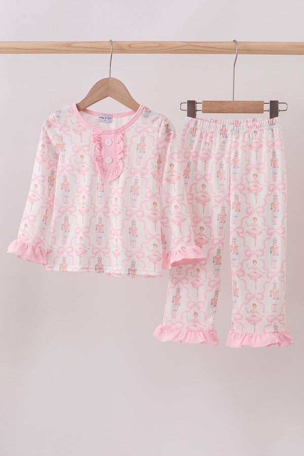 Pink nutcracker print ruffle pajamas set