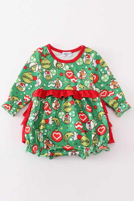 Green grinch print girl ruffle bubble