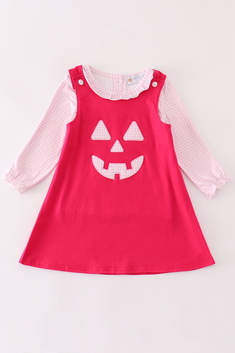 Pink checkered halloween applique dress set