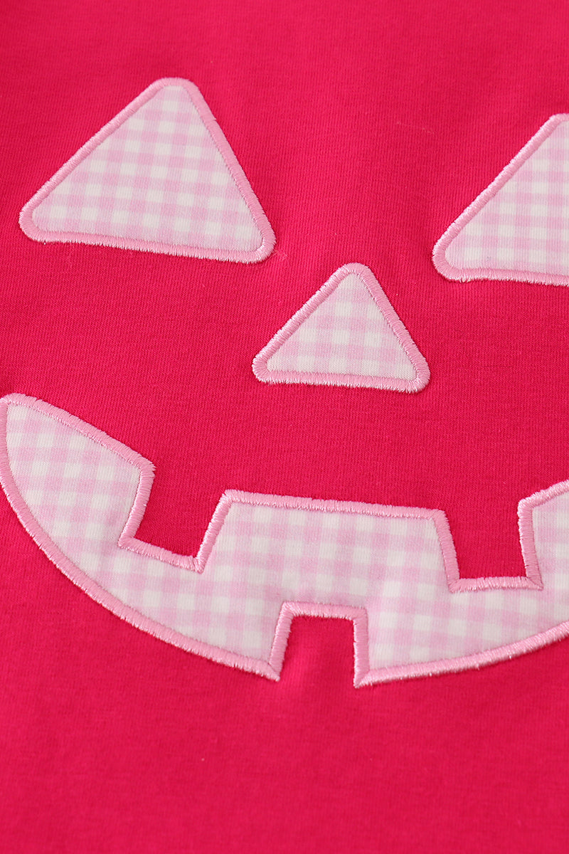 Pink checkered halloween applique dress set