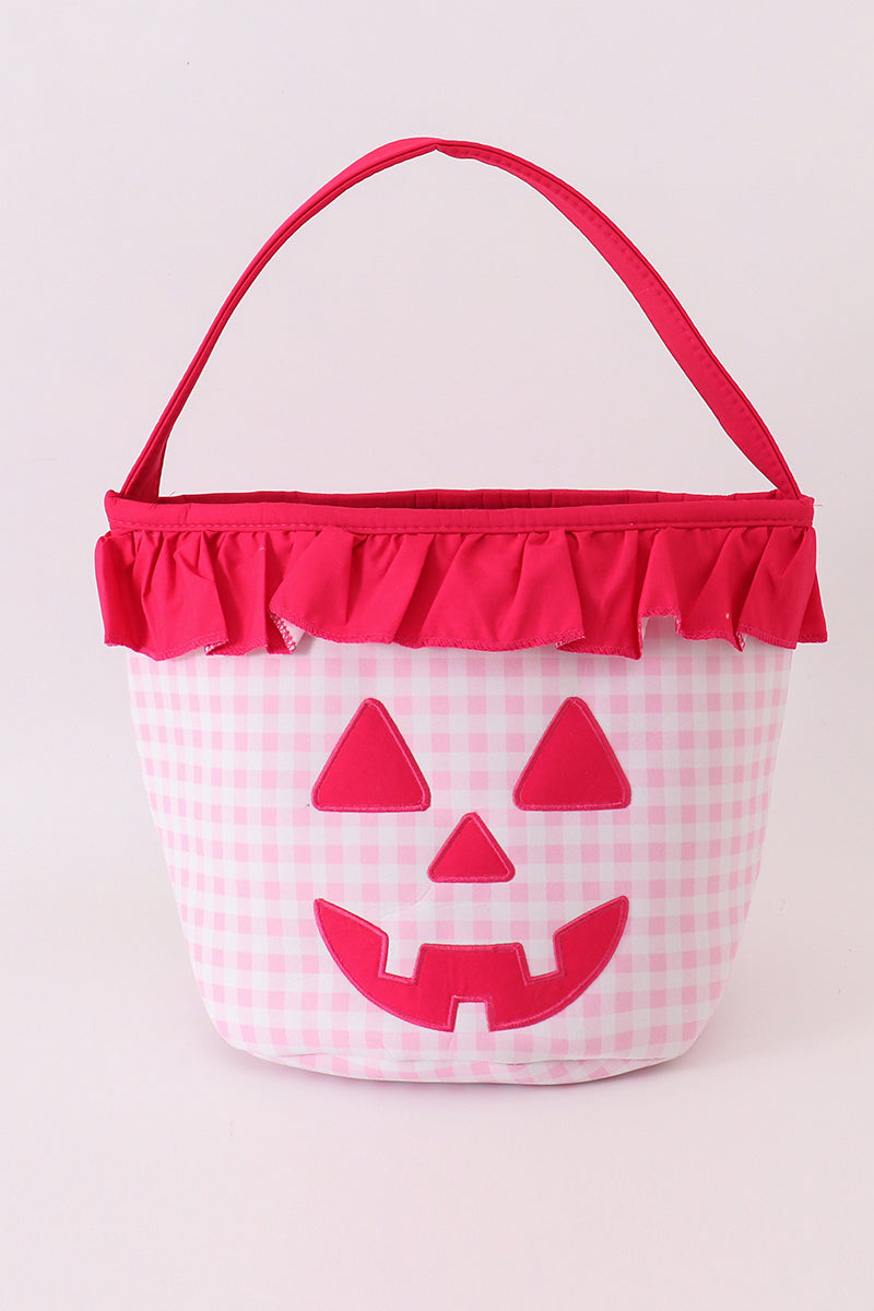 Pink halloween applique checkered ruffle candy bucket