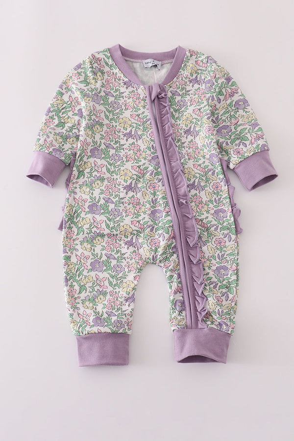 Purple floral print ruffle romper