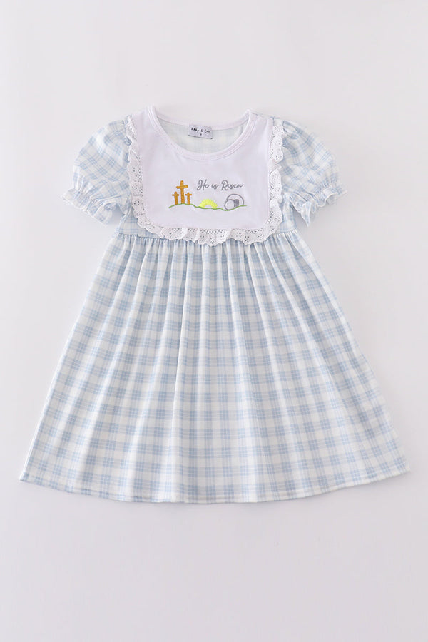 Blue plaid he is risen embroidery dress