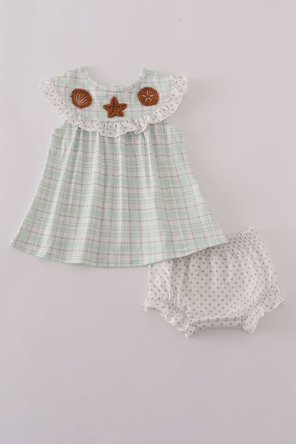 Green plaid sea shell starfish french knot ruffle bloomer set