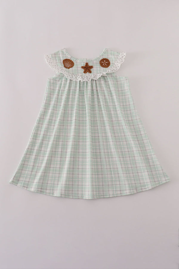 Green plaid sea shell starfish french knot ruffle dress