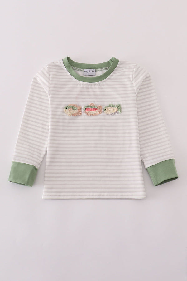 Sage fish french knot stripe top