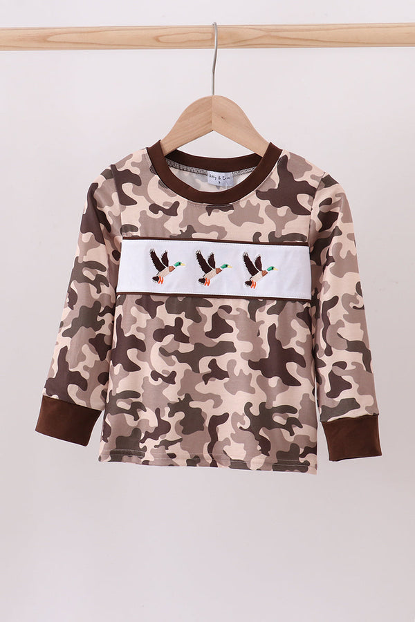 Camouflage duck embroidery ruffle top