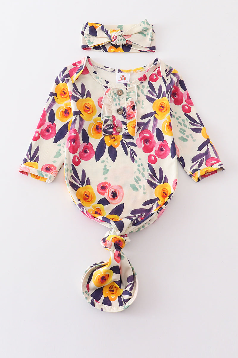 Floral print hairband baby gown