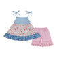 Blue plaid floral print tiered strap girl set