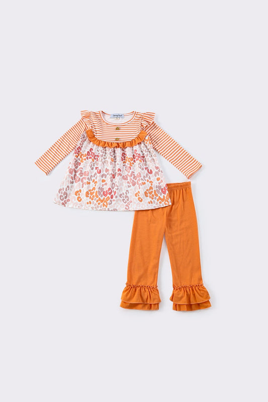 Orange stripe leopard ruffle set