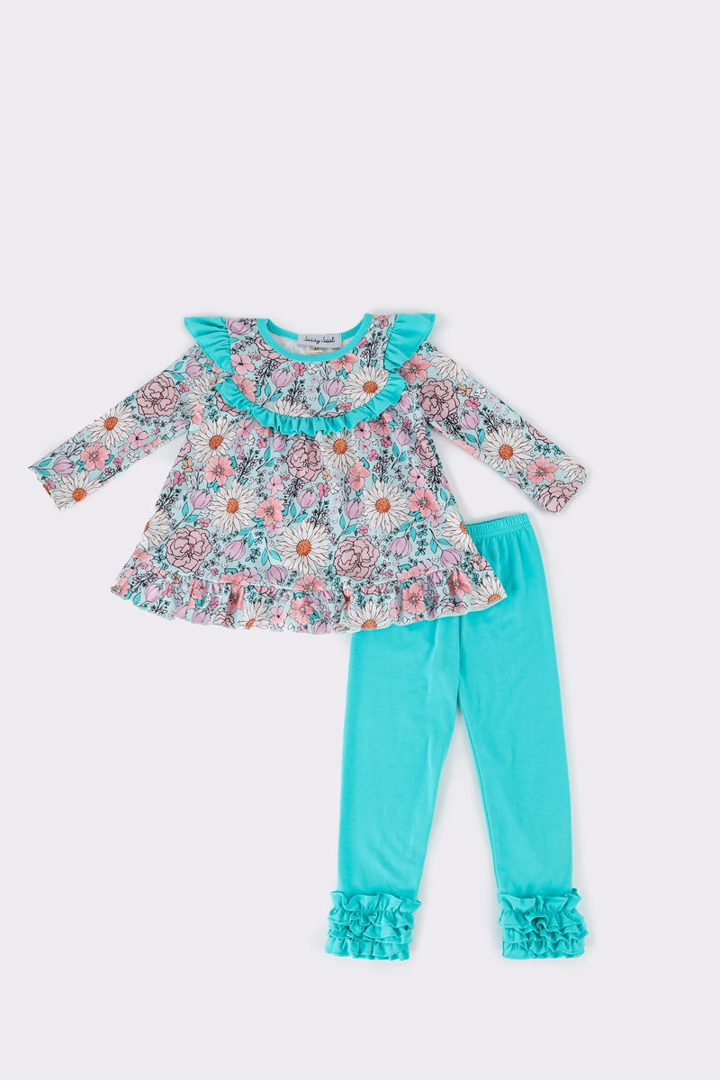 Blue floral ruffle girl set