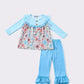 Blue stripe floral ruffle girl set