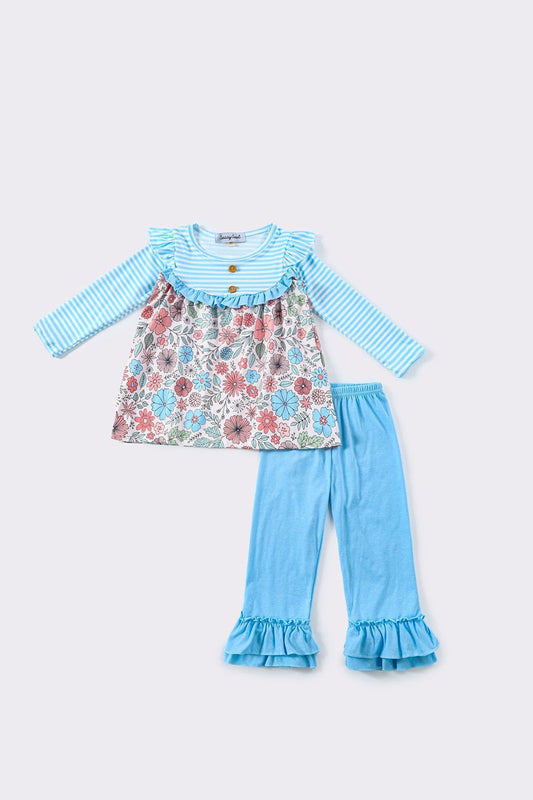 Blue stripe floral ruffle girl set