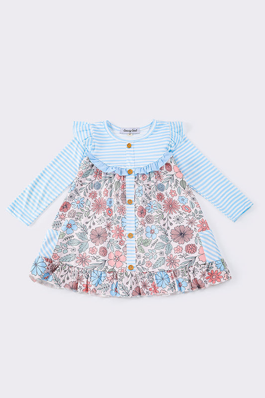 Blue floral stripe ruffle dress