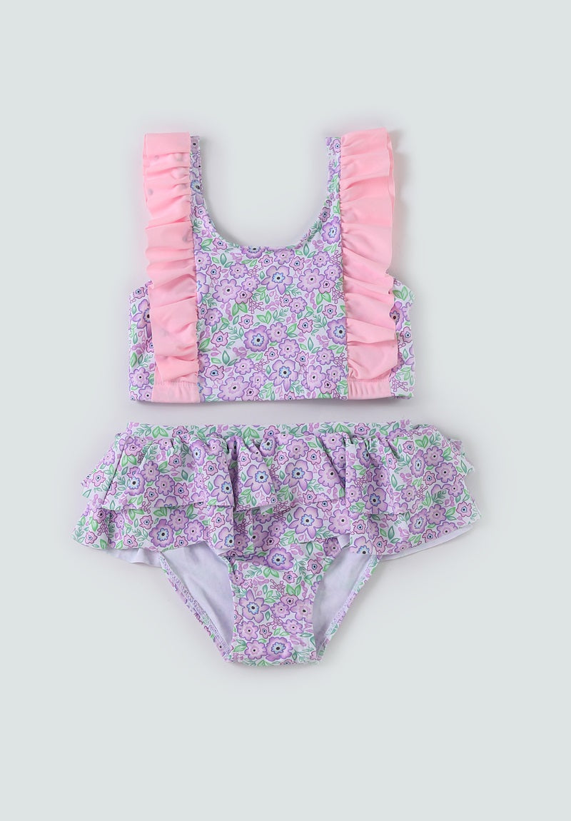 Purple floral print ruffle girl swimsuit