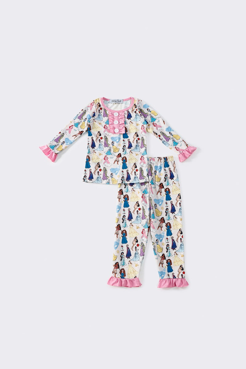 Pink princess print girl pajamas set