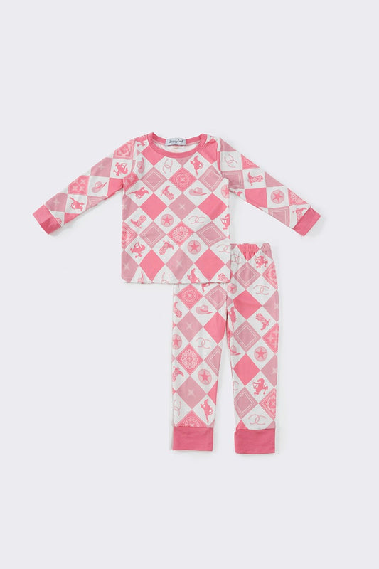 Pink plaid western girl pajamas set