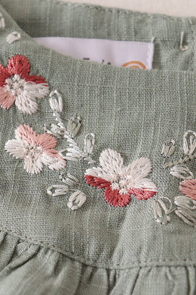 Sage floral embroidery ruffle linen girl bubble