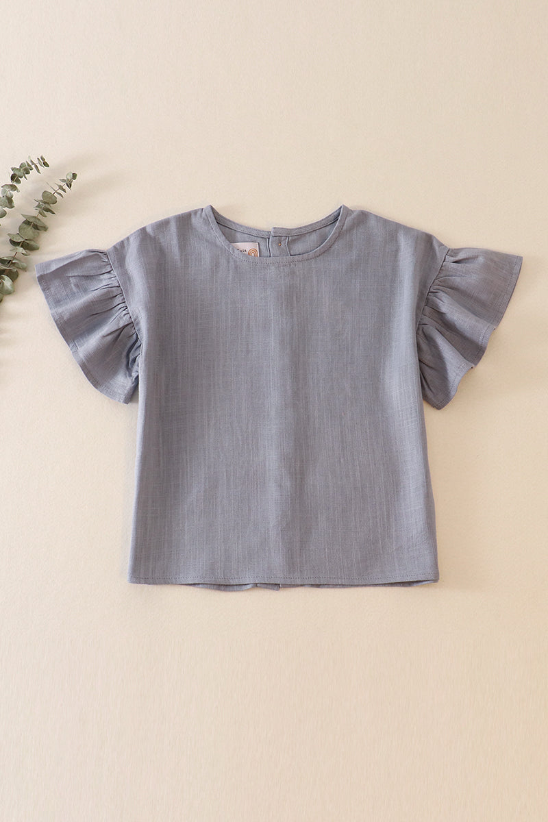 Blue ruffle linen girl top