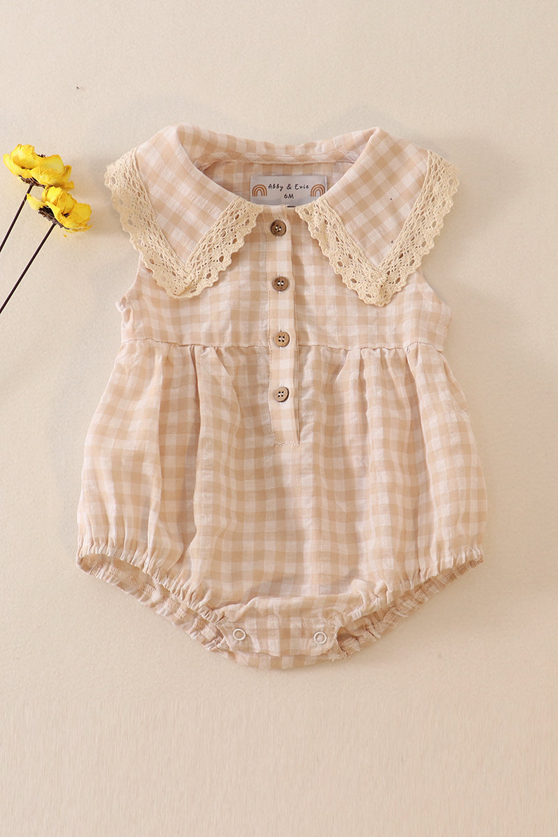 Cream plaid linen button girl bubble