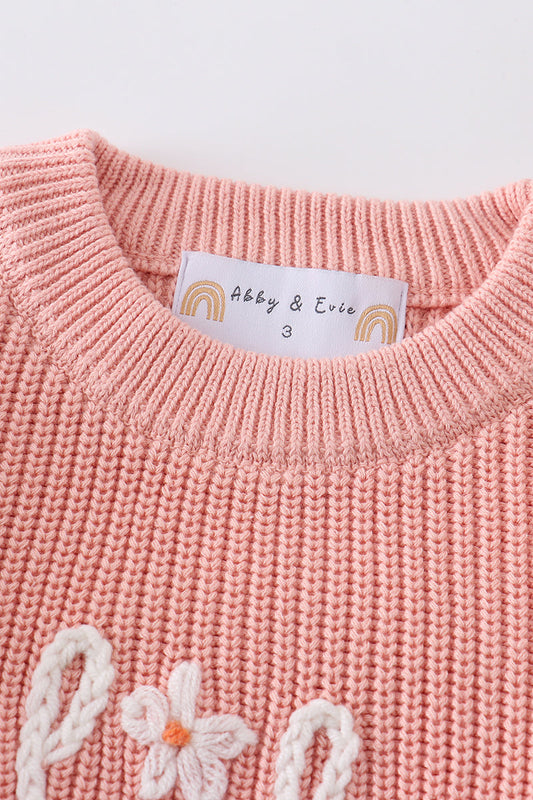 Pink lil sister hand-embroidered pullover sweater