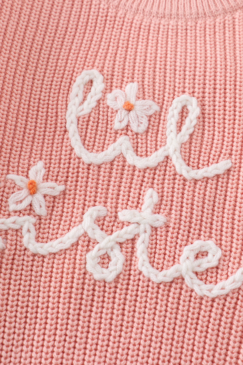 Pink lil sister hand-embroidered pullover sweater