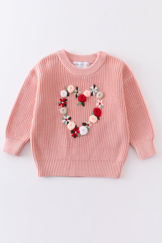 Pink heart floral hand-embroidered oversized sweater