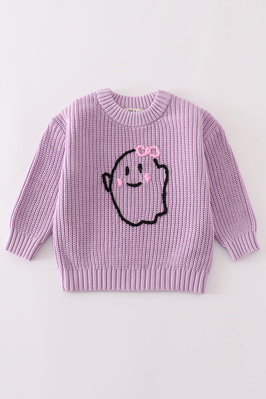 Purple hand-embroidery ghost pullover sweater