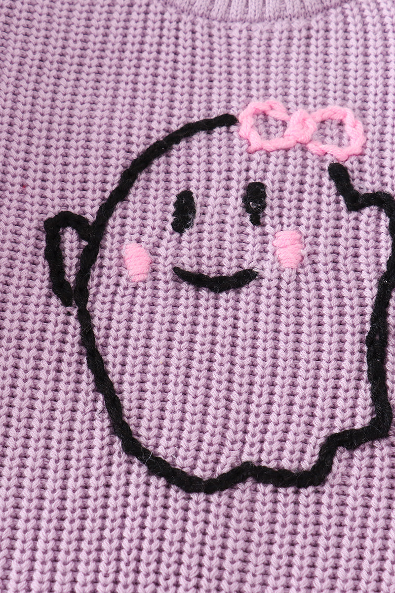 Purple hand-embroidery ghost pullover sweater