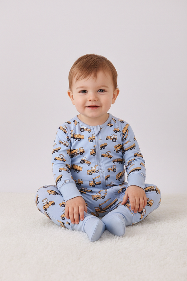 Premium blue excavator print bamboo romper