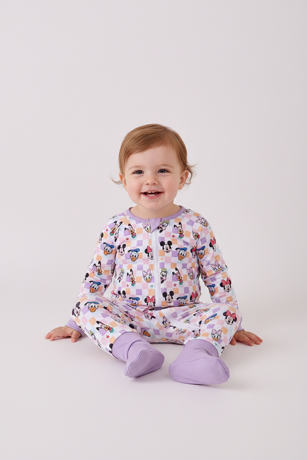 Premium purple character print checkered bamboo romper