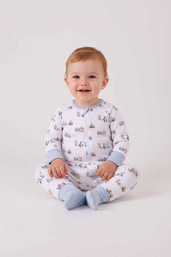 Premium blue character print bamboo romper