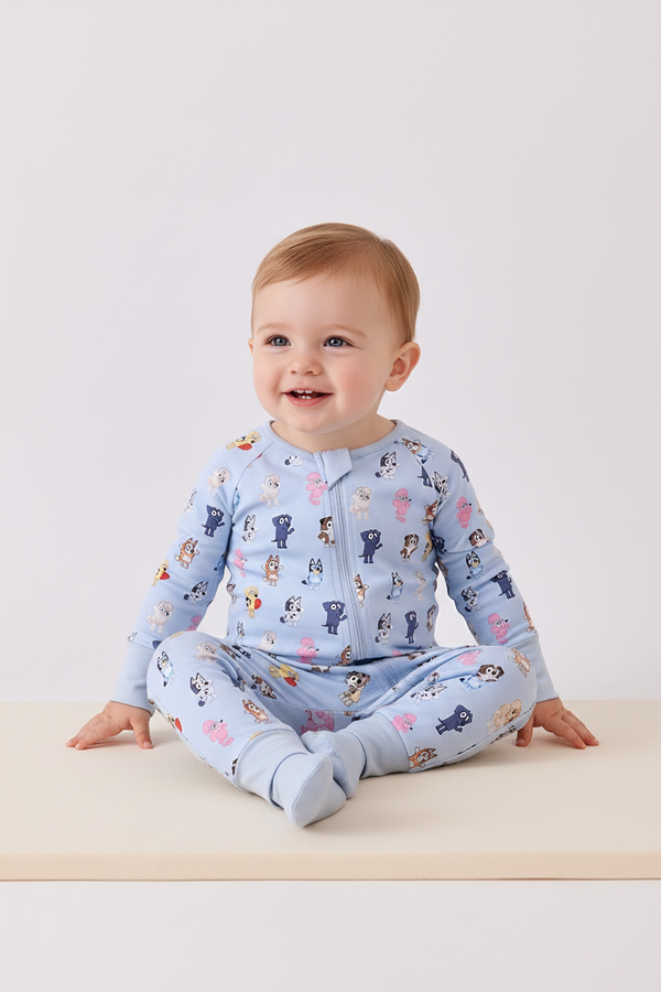 Premium blue character print bamboo romper