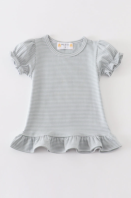 Premium Sage & white stripe ruffle top