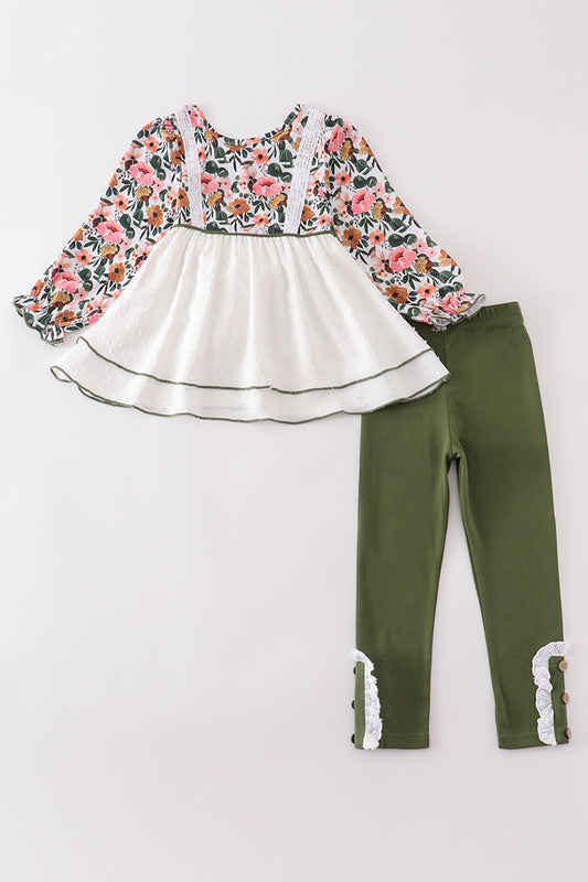 Green floral print swiss dot girl set