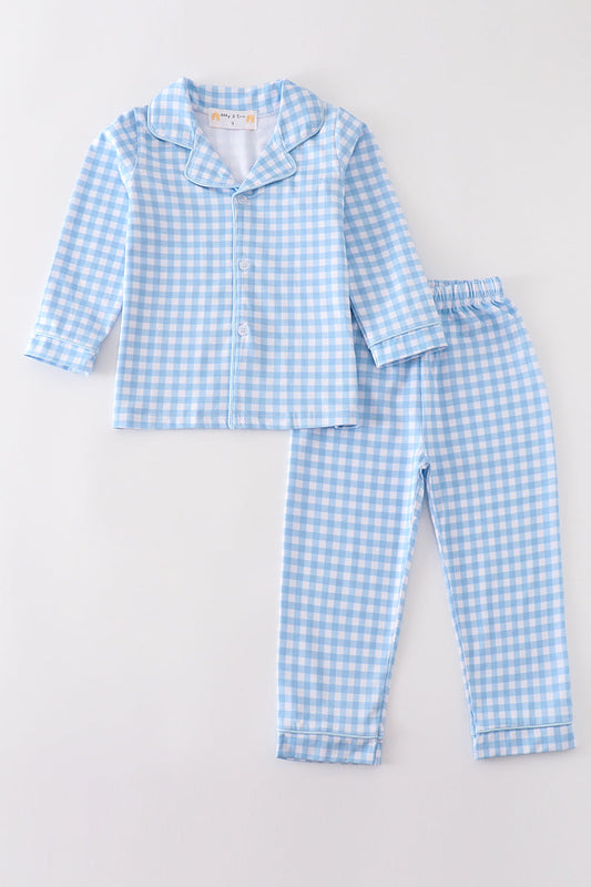 Blue plaid boy button down pajamas set