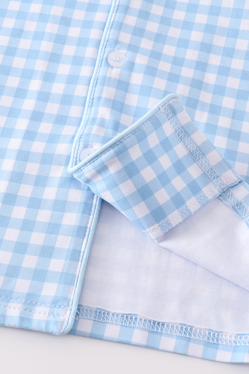 Blue plaid boy button down pajamas set