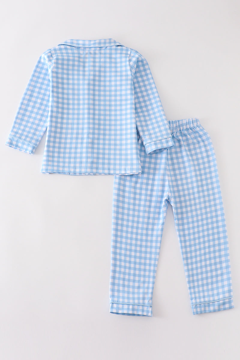 Blue plaid boy button down pajamas set