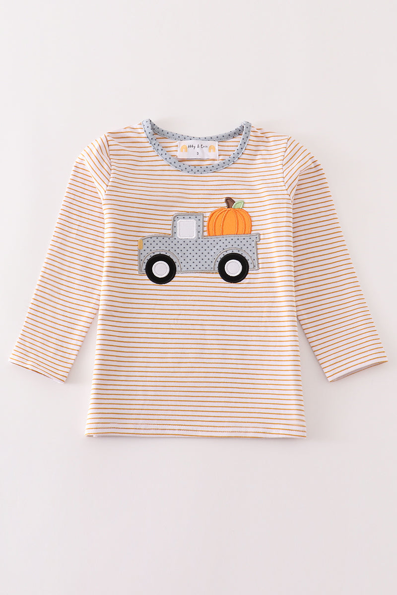 Beige stripe truck pumpkin applique top