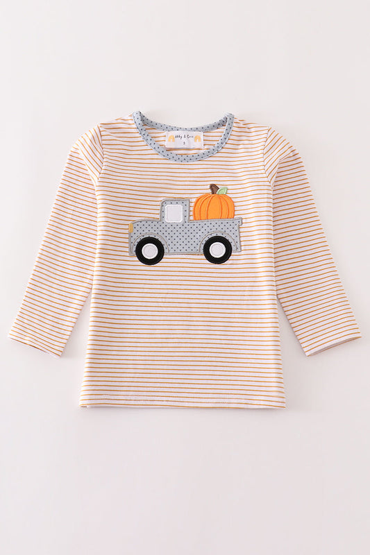 Beige stripe truck pumpkin applique top