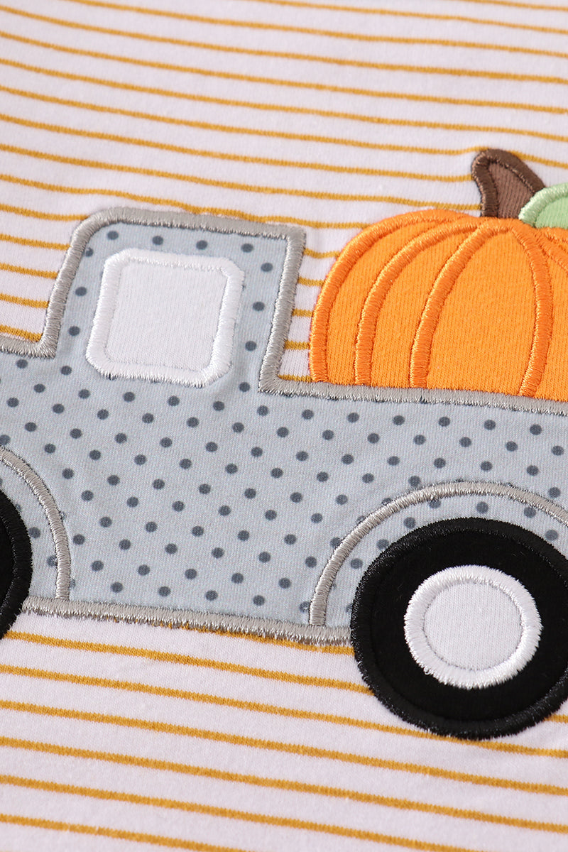 Beige stripe truck pumpkin applique top