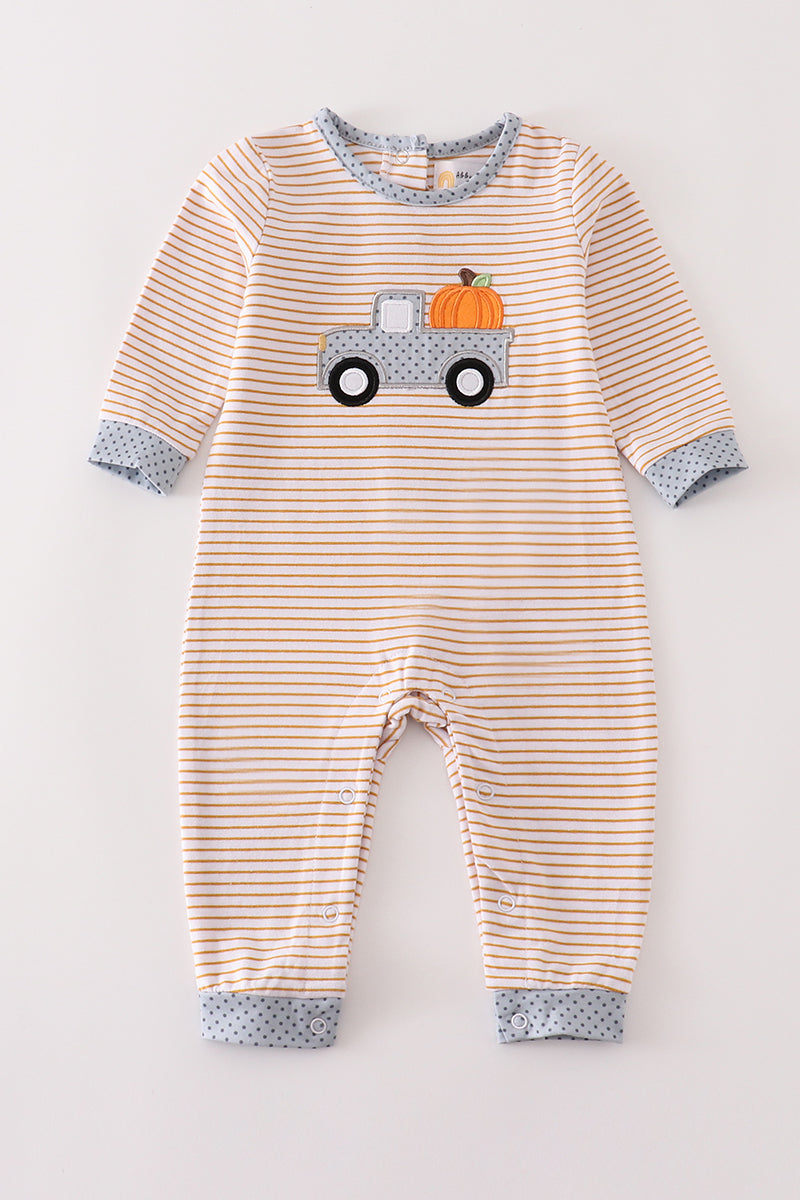 Beige stripe truck pumpkin applique boy romper