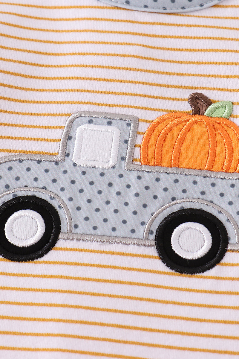 Beige stripe truck pumpkin applique boy romper